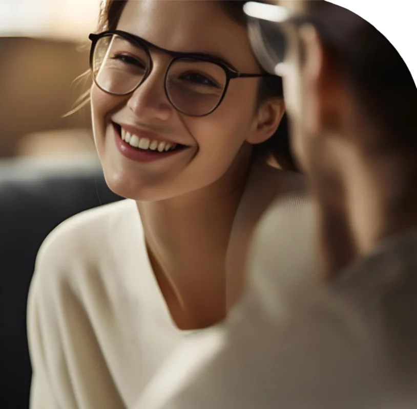 Paciente sorrindo durante atendimento, ambiente acolhedor